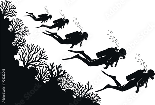 Scuba divers exploring coral reef underwater, silhouette marine life adventure scene with bubbles, ocean exploration concept, deep sea diving teamwork illustration in black and white