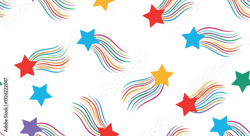 Fun and colorful seamless pattern for kids featuring multi-colored shooting stars with rainbow tails on a clean white background.