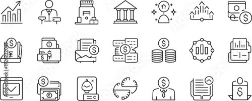 Collection of hand drawn finance and government related icons isolated on transparent background
