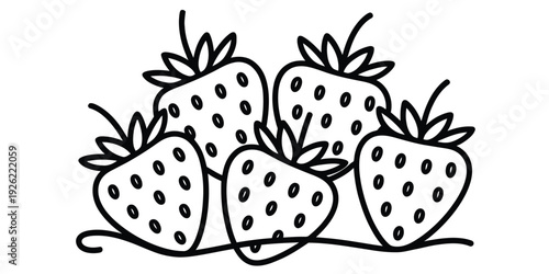 Group of five strawberries in a simple black and white line art style for coloring books. Vector, illustration