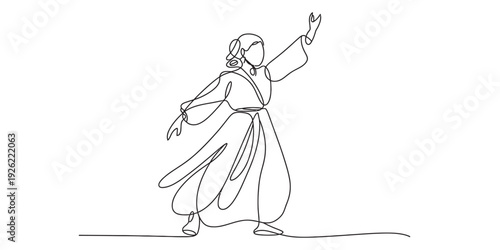 A continuous line drawing of a person in a dynamic martial arts pose against a white background Vector, illustration