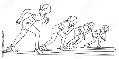 Line drawing showing the sequence of a female sprinter starting a race from blocks Vector, illustration