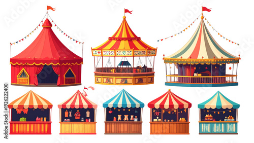 Red Circus Tent Vector Set with Carnival Canopy Booths and Fair Market Stalls Isolated Collection