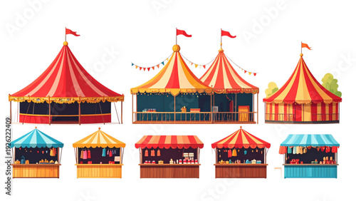Red Circus Tent Vector Set with Carnival Canopy Booths and Fair Market Stalls Isolated Collection