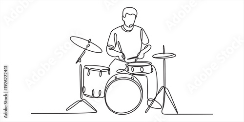 Minimalist black and white line art illustration of a drummer playing a drum kit. Vector, illustration