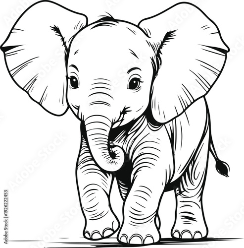 Baby elephant walking minimal line drawing, playful pose, rounded contour lines, no shading 2
