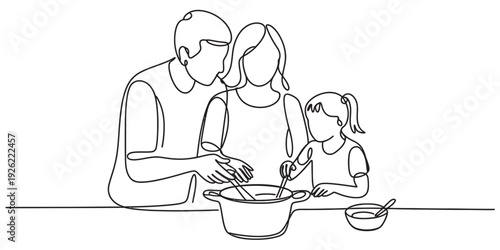 Continuous line drawing illustrating a family of three cooking together, mixing ingredients in a bowl. Vector, illustration