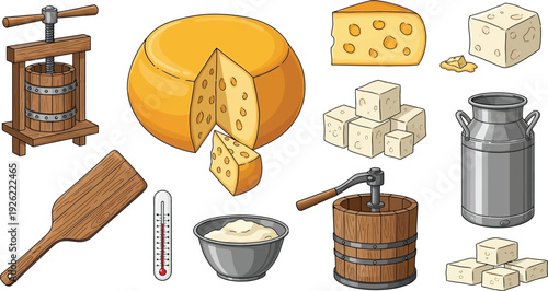 Cheese Making Process with Tools and Ingredients Colorful Illustration