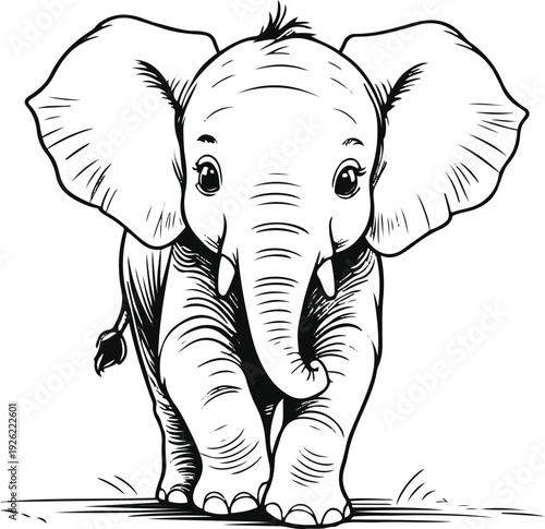 Baby elephant walking minimal line drawing, playful pose, rounded contour lines, no shading