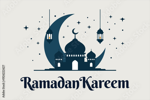 Ramadan Kareem greeting card with mosque silhouette, crescent moon and hanging lanterns under starry night sky, flat minimal Islamic vector illustration on beige background.