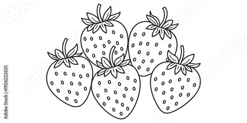Black and white line drawing of five strawberries with leaves and seeds for coloring Vector, illustration