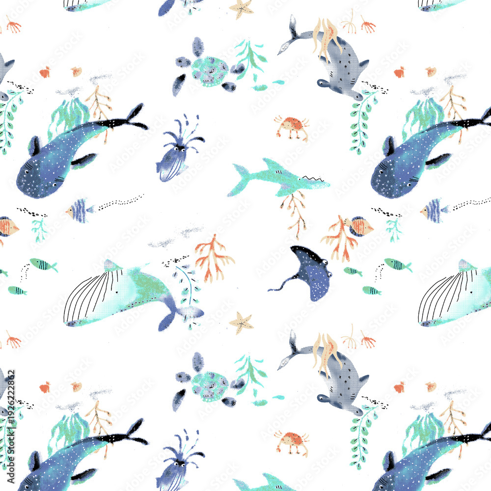 Obraz premium Seamless Watercolor Sea Life Pattern, Whimsical Ocean Animal Background