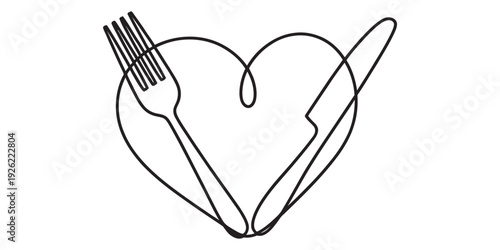 Continuous line drawing of a heart shape integrated with a fork and knife on a white background. Vector, illustration