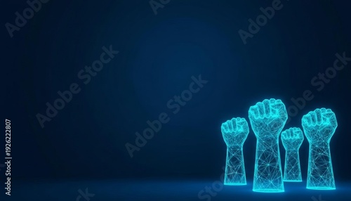 Solidarity and digital strength: Abstract glowing wireframe fists symbolizing collective power, protest, and social movements.