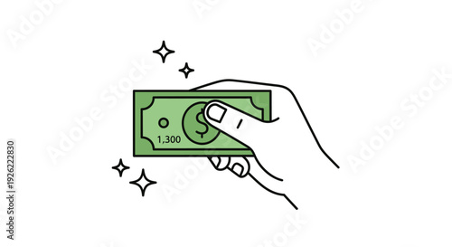 Hand holding a green banknote with a thousand units surrounded by sparkling stars in a simple illustration