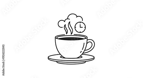 A steaming cup of coffee on a saucer with a clock indicating morning time, illustrated in a minimalist style