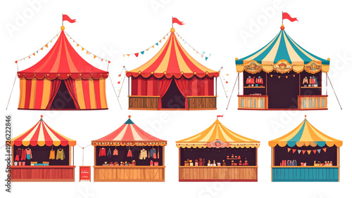 Red Circus Tent Vector Set with Carnival Canopy Booths and Fair Market Stalls Isolated Collection
