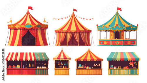 Red Circus Tent Vector Set with Carnival Canopy Booths and Fair Market Stalls Isolated Collection