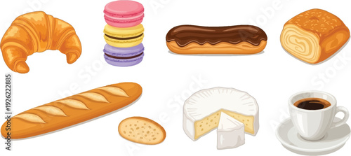 Colorful Assorted Breakfast Pastries Coffee Set Cartoon Style Illustration