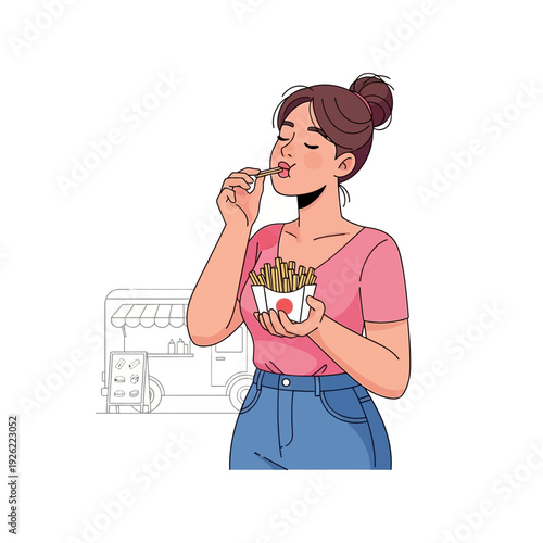 Woman eating french fries from a carton box in front of a food truck