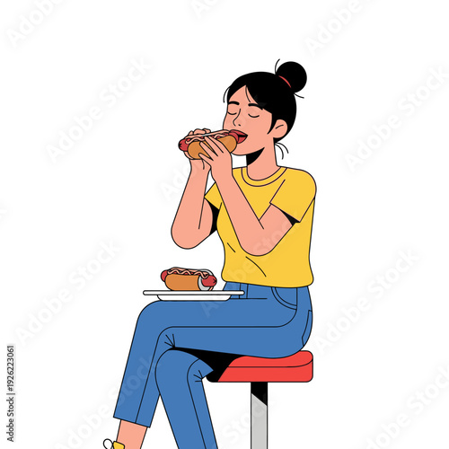 Woman eating hot dog, illustration, fast food, casual meal, isolated on white