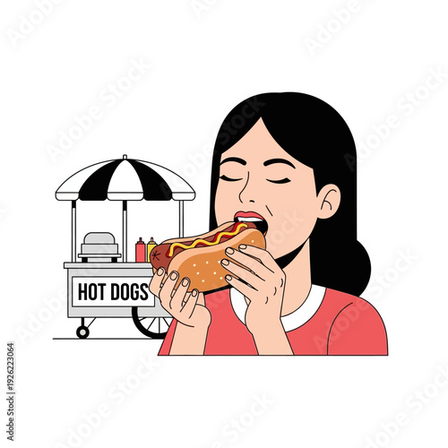 Woman happily eating a delicious hot dog from a street cart, cartoon style illustration