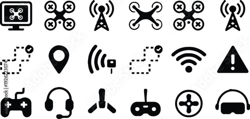 drone icon set remote control navigation communication signals