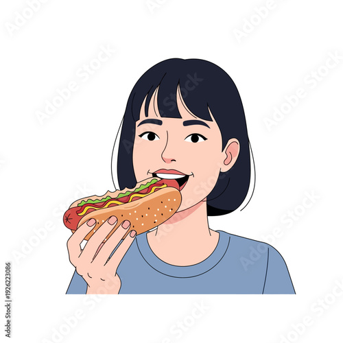 Young Woman Enjoying a Delicious Hot Dog with Condiments