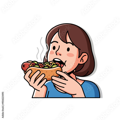Young Woman Eating Hot Dog with Mustard and Relish, Steaming Fast Food