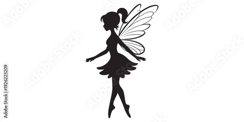 Black silhouette of a graceful fairy with wings and a ponytail standing on tiptoes. Vector, illustration
