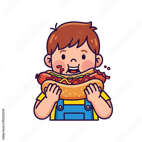 Happy Boy Eating Delicious Hot Dog with Ketchup and Mustard - Cartoon Style
