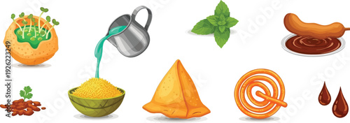 Illustration of Flat Design Icons Set of Indian Food Ingredients and Cooking Process