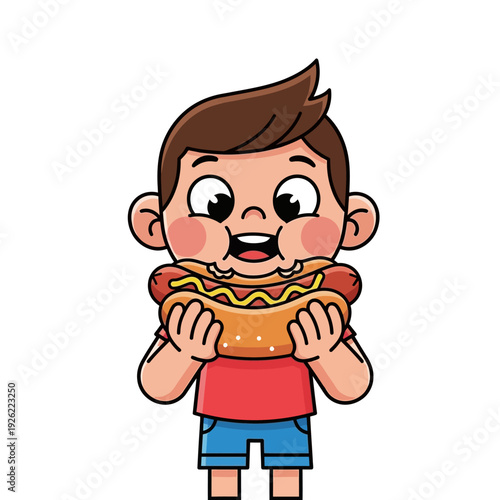 Happy Boy Eating Delicious Hot Dog with Mustard