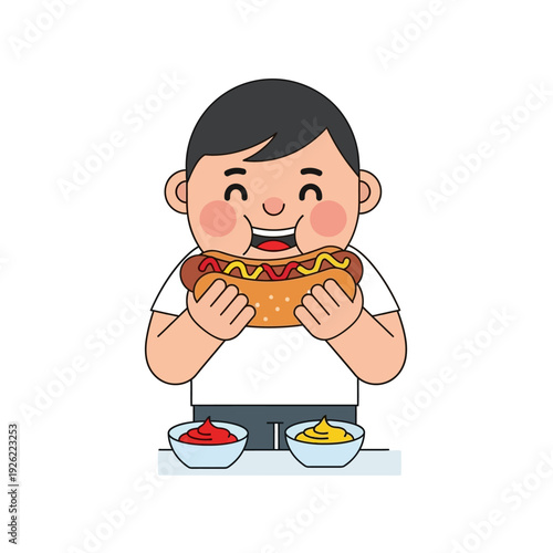 Happy Boy Eating Delicious Hot Dog with Mustard and Ketchup