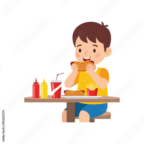 Happy Boy Eating Hot Dog and Fries at Table, Fast Food Meal Time
