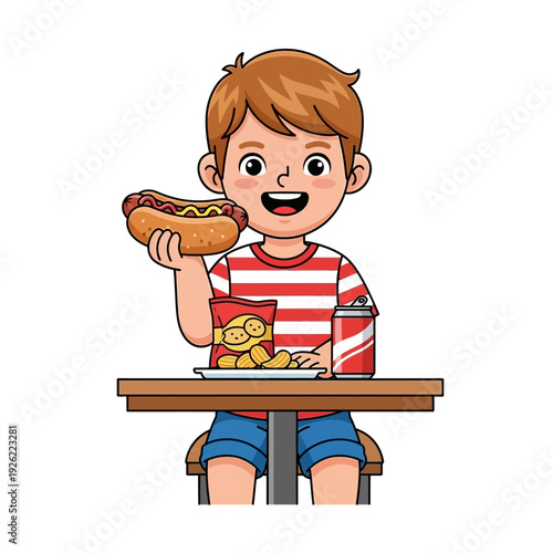 Happy boy eating hot dog and chips with soda at table