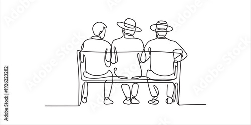Continuous line drawing of three elderly men sitting on a park bench seen from behind.