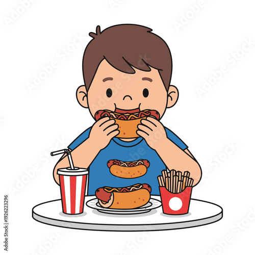 Happy boy eating hot dogs and french fries with soda drink at table