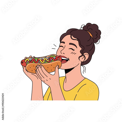 Happy Woman Eating Delicious Hot Dog with Condiments