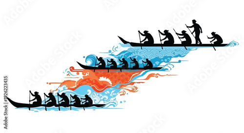 Teamwork and competition depicted by silhouetted rowers in colorful water splashes