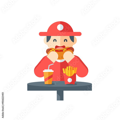 Man eating a hot dog, french fries, and drinking soda at a table