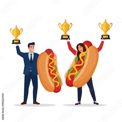 Happy Winners Holding Trophies and Hot Dogs