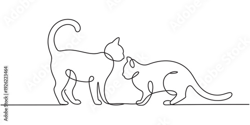 Minimalist continuous line drawing of two cats touching noses on a plain white background Vector, illustration