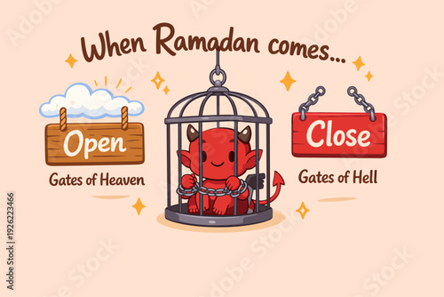 A cute cartoon illustration depicting the spiritual significance of Ramadan, showing open gates of heaven, a chained devil in a cage, and closed gates of hell.
