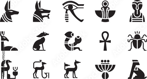 Collection of minimalist animal human and symbol icons isolated on transparent background