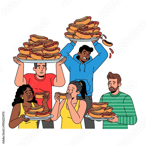 Overwhelmed People Eating Giant Piles of Hot Dogs, Food Challenge