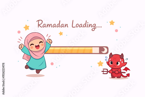 Cute cartoon illustration depicting a happy Muslim girl celebrating as Ramadan loads, while a sad devil looks on, symbolizing the spiritual significance of the holy month.