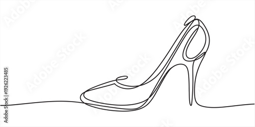 Elegant high heel shoe illustration in a minimalist continuous one line drawing style.
