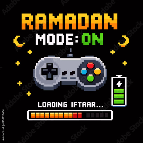 Pixel art design for Ramadan featuring a retro video game theme with 'RAMADAN MODE: ON' text, a game controller, and 'LOADING IFTAAR...' progress bar.