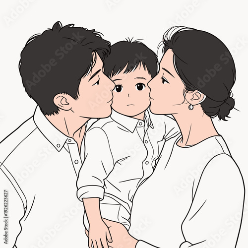 A man and a woman are leaning in to kiss each other while holding a young child in the middle. They are close and smiling.